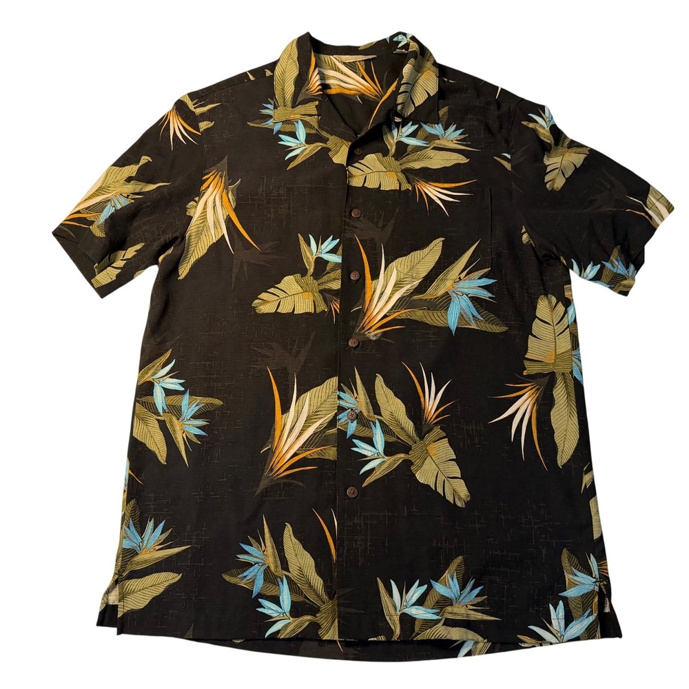 Paradise‎ Collection Button Up Shirt Black Floral Tropical Silk Hawaiian Mens M